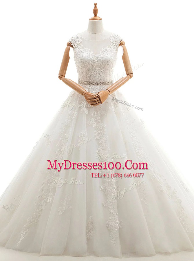 Scoop Sleeveless Tulle Wedding Dress Lace and Appliques Brush Train Clasp Handle