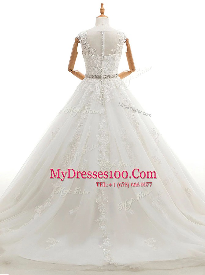 Scoop Sleeveless Tulle Wedding Dress Lace and Appliques Brush Train Clasp Handle