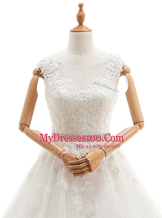 Scoop Sleeveless Tulle Wedding Dress Lace and Appliques Brush Train Clasp Handle