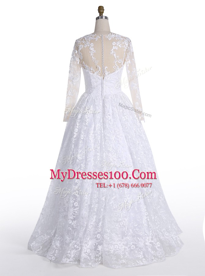 Captivating Scoop Long Sleeves Clasp Handle Wedding Dress White Lace