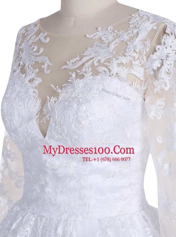 Captivating Scoop Long Sleeves Clasp Handle Wedding Dress White Lace