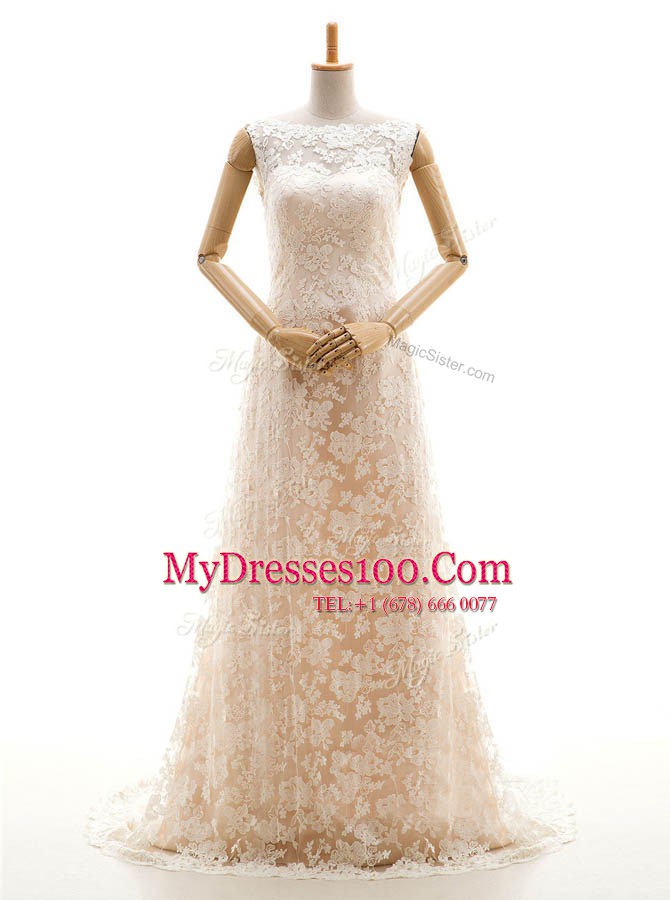 Champagne Sleeveless Lace Sweep Train Clasp Handle Wedding Gown for Wedding Party