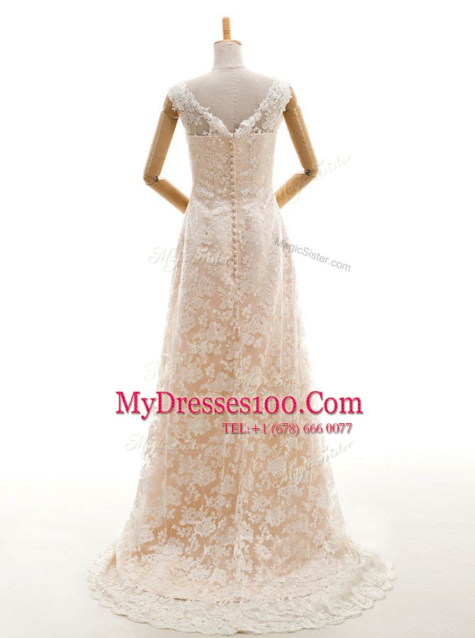 Champagne Sleeveless Lace Sweep Train Clasp Handle Wedding Gown for Wedding Party