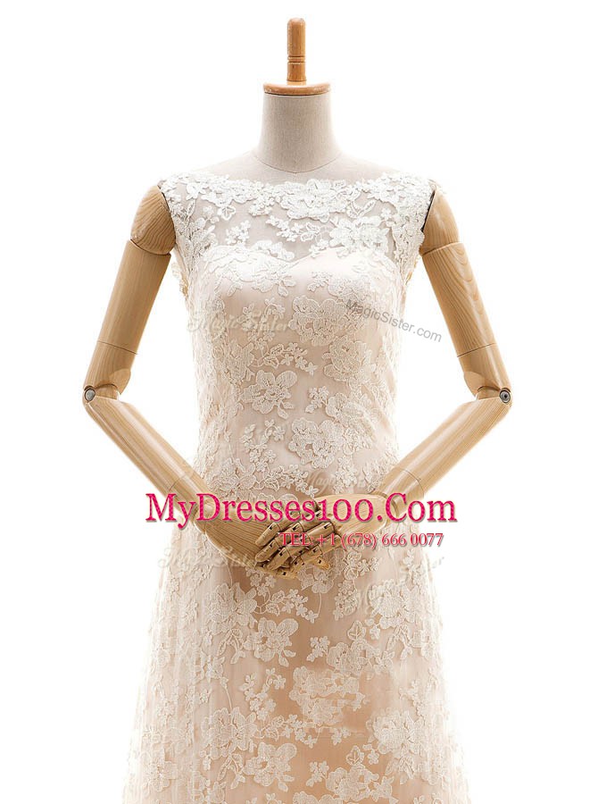 Champagne Sleeveless Lace Sweep Train Clasp Handle Wedding Gown for Wedding Party
