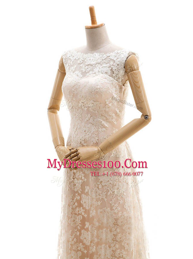 Champagne Sleeveless Lace Sweep Train Clasp Handle Wedding Gown for Wedding Party
