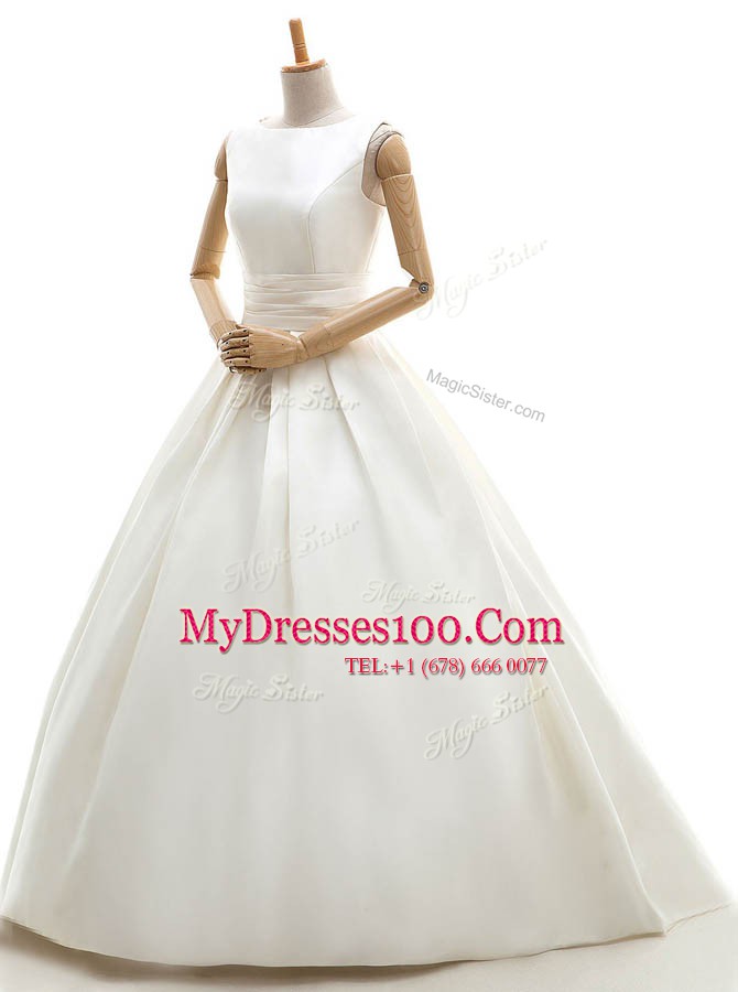 Beauteous Bateau Sleeveless Clasp Handle Wedding Dresses White Satin