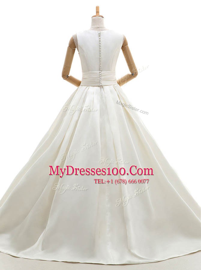 Beauteous Bateau Sleeveless Clasp Handle Wedding Dresses White Satin