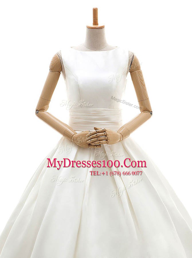 Beauteous Bateau Sleeveless Clasp Handle Wedding Dresses White Satin