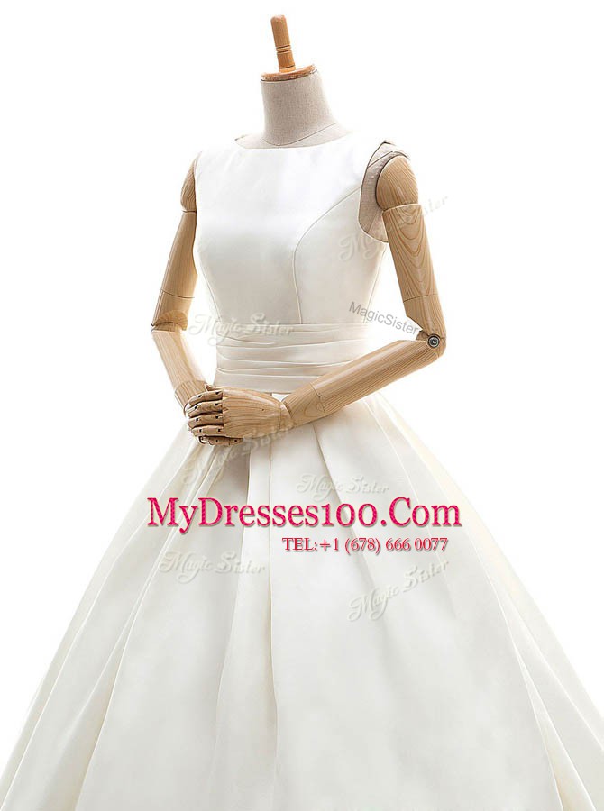 Beauteous Bateau Sleeveless Clasp Handle Wedding Dresses White Satin