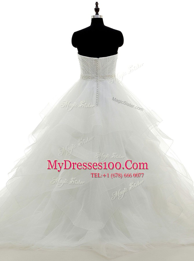 Sexy White A-line Organza Strapless Sleeveless Beading and Ruffles Floor Length Clasp Handle Wedding Dresses