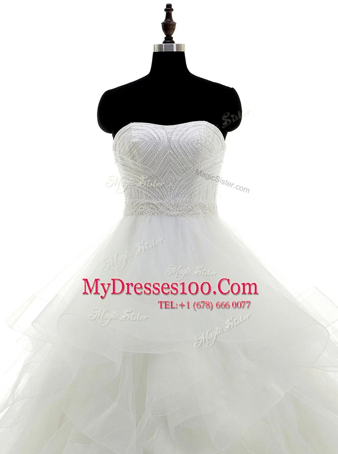 Sexy White A-line Organza Strapless Sleeveless Beading and Ruffles Floor Length Clasp Handle Wedding Dresses