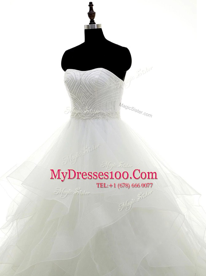 Sexy White A-line Organza Strapless Sleeveless Beading and Ruffles Floor Length Clasp Handle Wedding Dresses