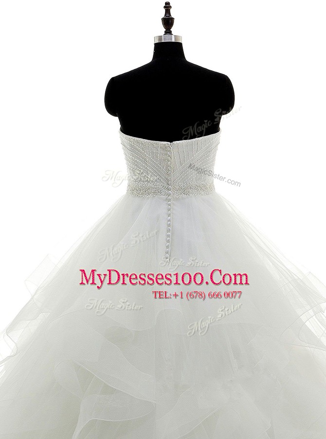Sexy White A-line Organza Strapless Sleeveless Beading and Ruffles Floor Length Clasp Handle Wedding Dresses