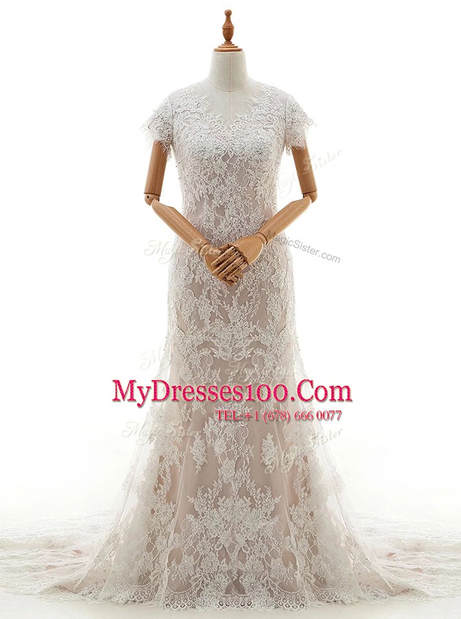 Sexy White Mermaid Lace and Appliques Bridal Gown Clasp Handle Lace Cap Sleeves With Train