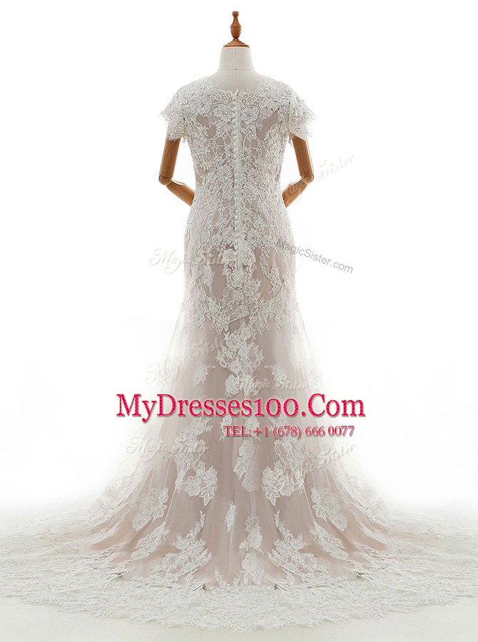 Sexy White Mermaid Lace and Appliques Bridal Gown Clasp Handle Lace Cap Sleeves With Train
