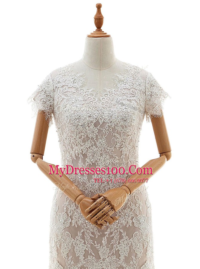 Sexy White Mermaid Lace and Appliques Bridal Gown Clasp Handle Lace Cap Sleeves With Train