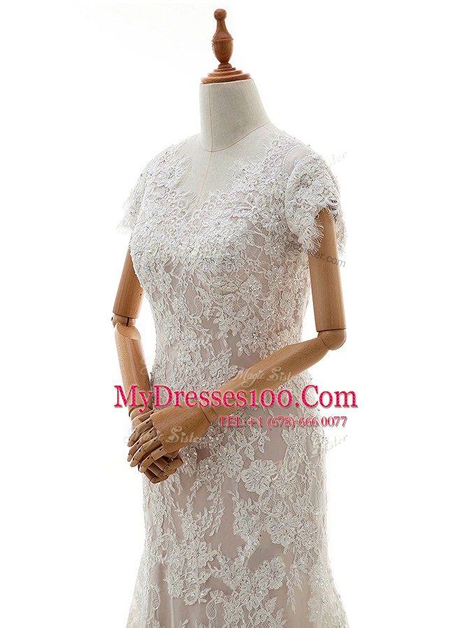 Sexy White Mermaid Lace and Appliques Bridal Gown Clasp Handle Lace Cap Sleeves With Train