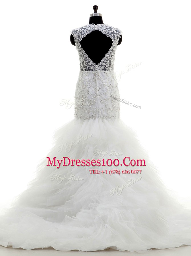 White Mermaid Beading and Lace and Ruffles Wedding Gowns Clasp Handle Tulle Cap Sleeves With Train