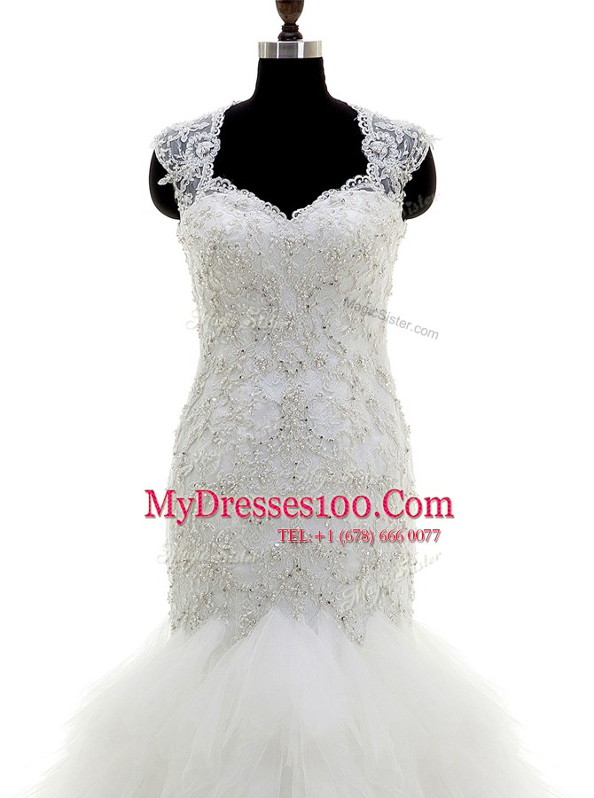 White Mermaid Beading and Lace and Ruffles Wedding Gowns Clasp Handle Tulle Cap Sleeves With Train