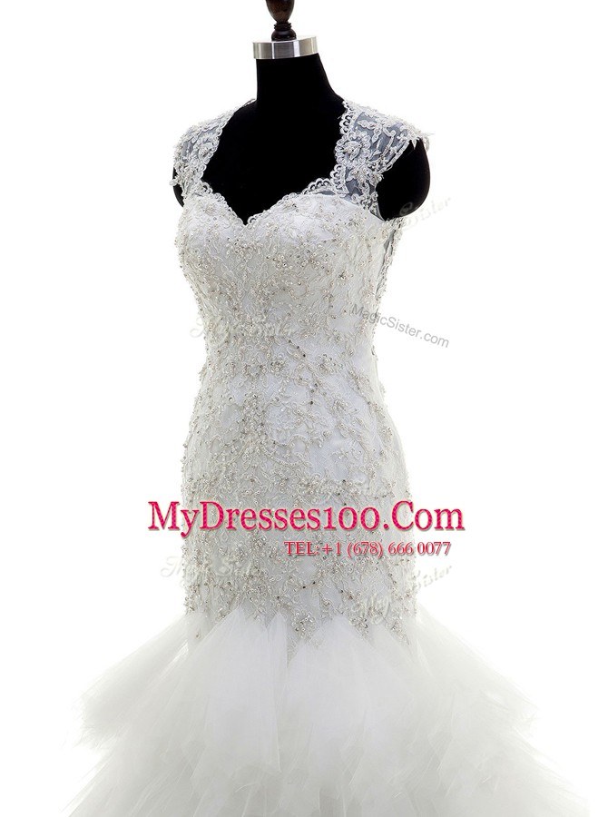 White Mermaid Beading and Lace and Ruffles Wedding Gowns Clasp Handle Tulle Cap Sleeves With Train