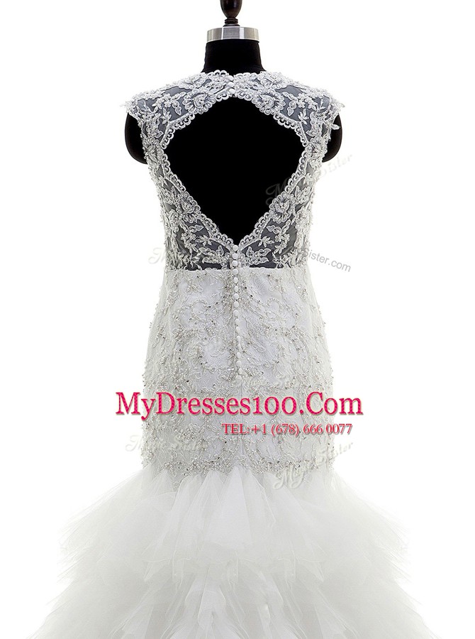 White Mermaid Beading and Lace and Ruffles Wedding Gowns Clasp Handle Tulle Cap Sleeves With Train