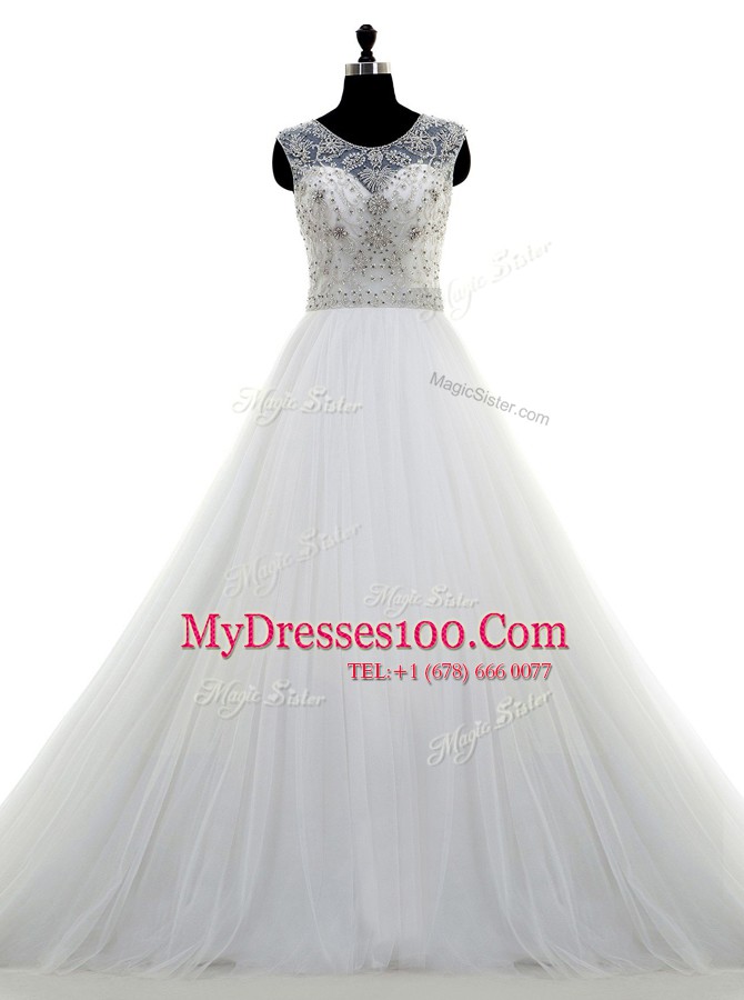 Custom Design Scoop With Train White Wedding Dress Tulle Brush Train Sleeveless Beading