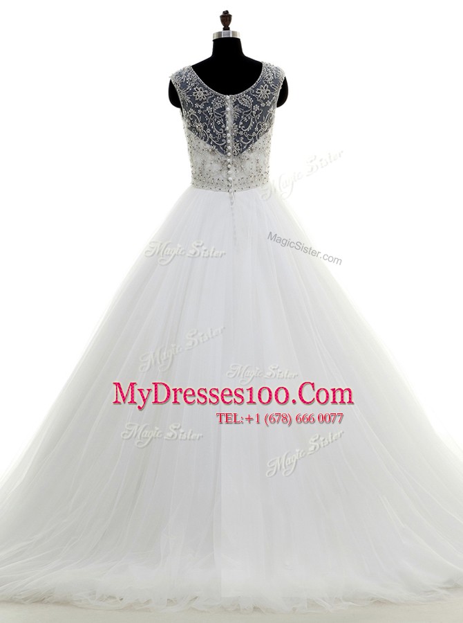 Custom Design Scoop With Train White Wedding Dress Tulle Brush Train Sleeveless Beading