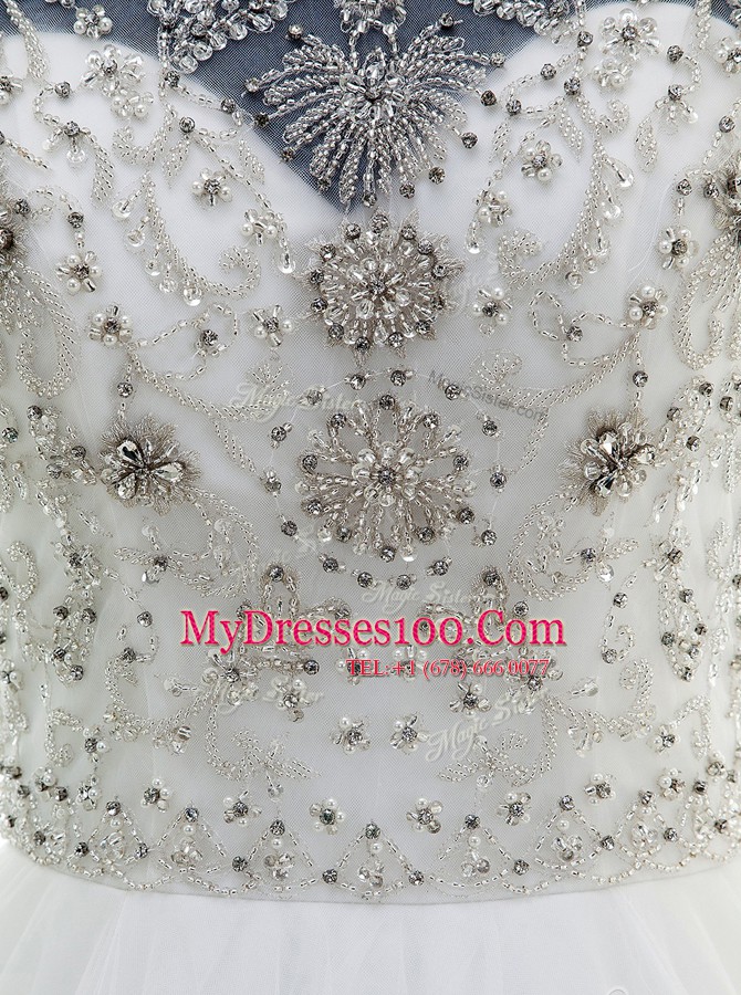 Custom Design Scoop With Train White Wedding Dress Tulle Brush Train Sleeveless Beading