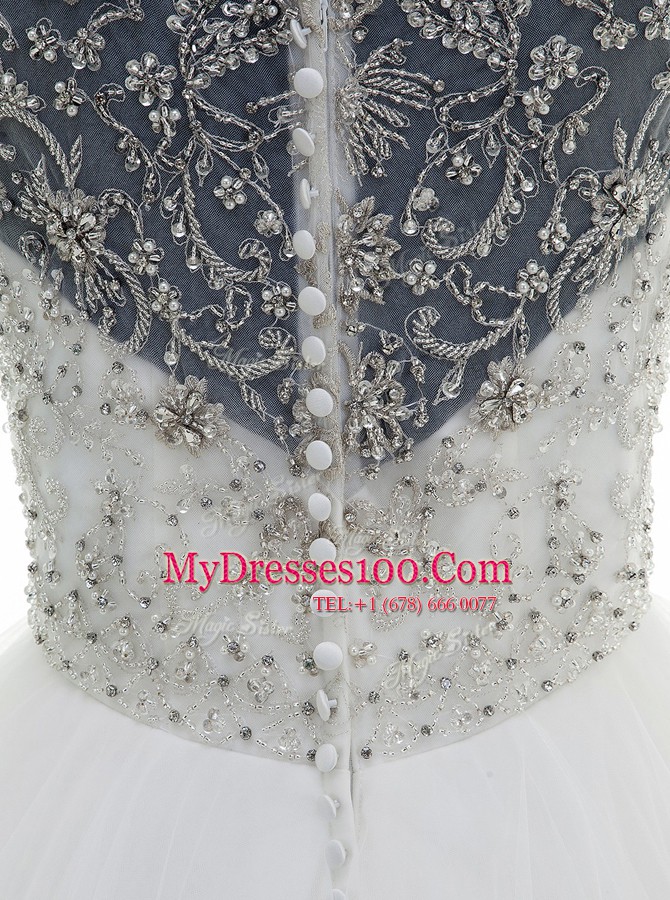 Custom Design Scoop With Train White Wedding Dress Tulle Brush Train Sleeveless Beading