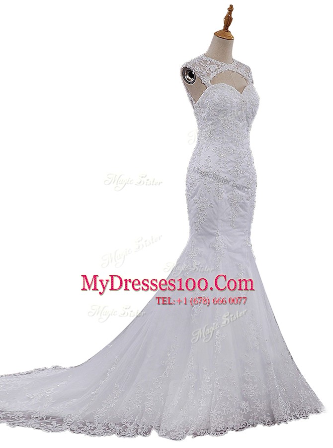 Elegant Mermaid Scoop Lace Sleeveless With Train Wedding Gowns Brush Train and Beading and Lace