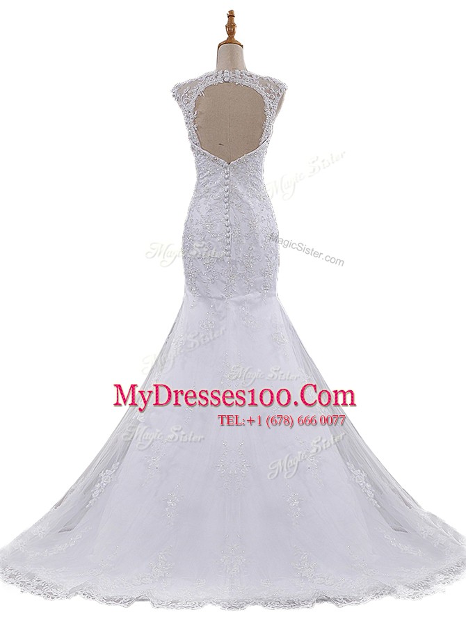 Elegant Mermaid Scoop Lace Sleeveless With Train Wedding Gowns Brush Train and Beading and Lace