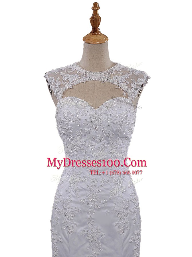 Elegant Mermaid Scoop Lace Sleeveless With Train Wedding Gowns Brush Train and Beading and Lace