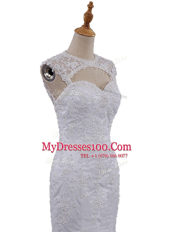 Elegant Mermaid Scoop Lace Sleeveless With Train Wedding Gowns Brush Train and Beading and Lace