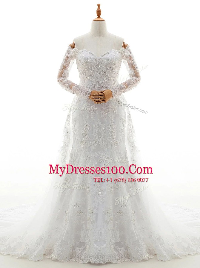 White Column/Sheath Off The Shoulder Long Sleeves Lace With Brush Train Lace Up Beading and Lace Wedding Gown
