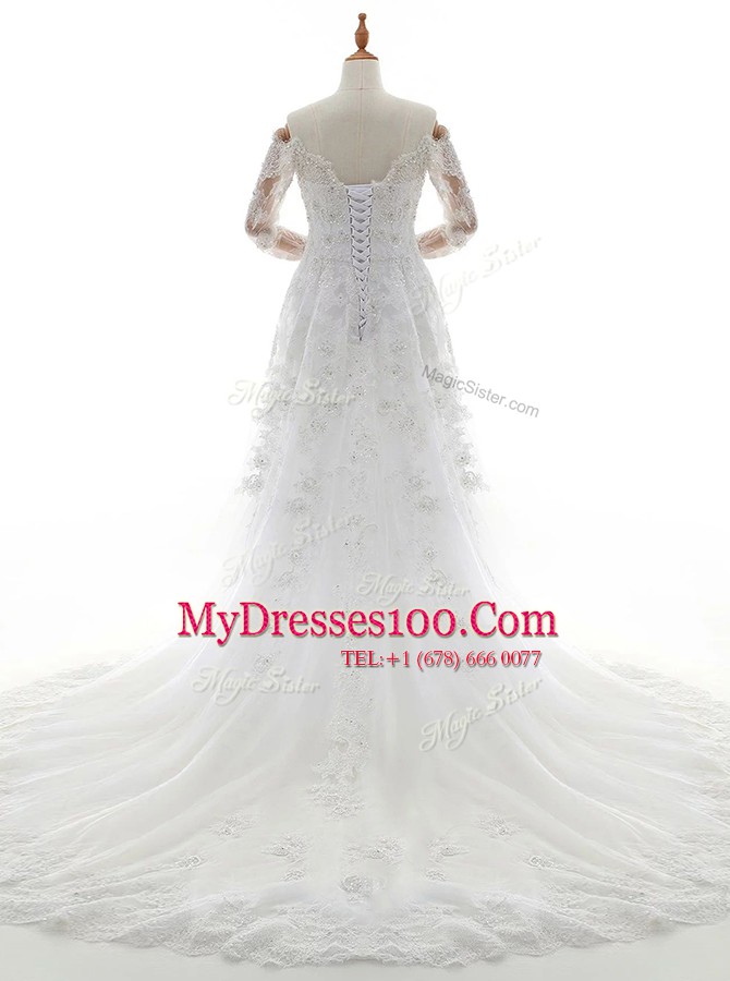White Column/Sheath Off The Shoulder Long Sleeves Lace With Brush Train Lace Up Beading and Lace Wedding Gown