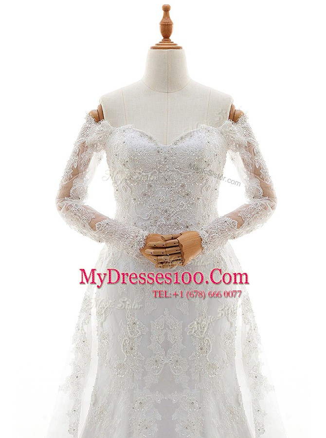 White Column/Sheath Off The Shoulder Long Sleeves Lace With Brush Train Lace Up Beading and Lace Wedding Gown