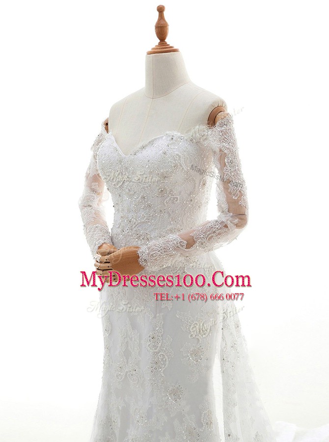 White Column/Sheath Off The Shoulder Long Sleeves Lace With Brush Train Lace Up Beading and Lace Wedding Gown