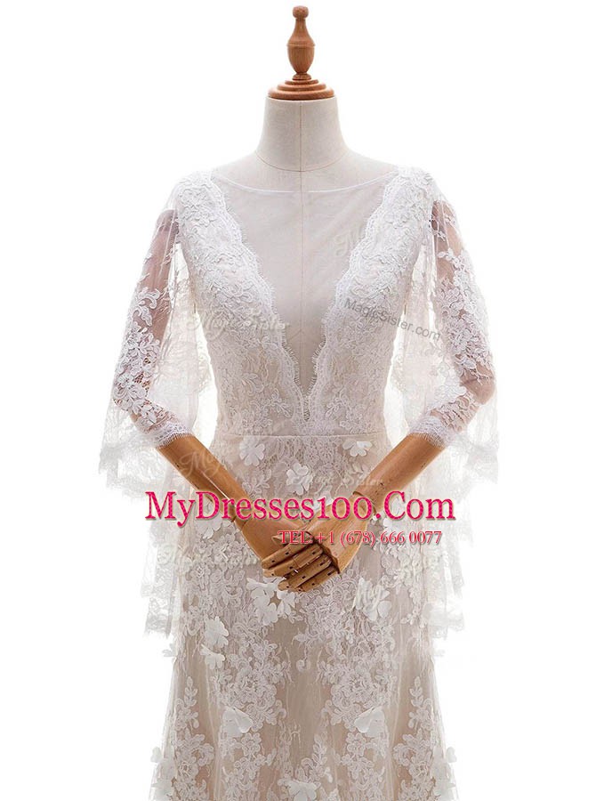 Peach Lace Side Zipper Wedding Gowns Half Sleeves With Brush Train Appliques
