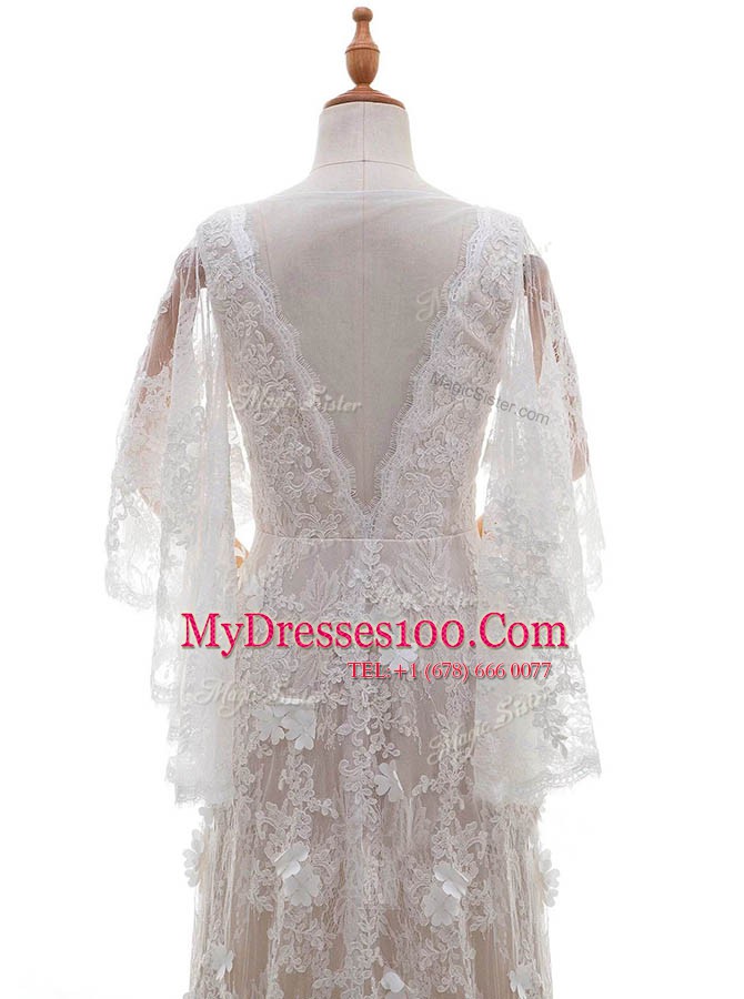 Peach Lace Side Zipper Wedding Gowns Half Sleeves With Brush Train Appliques