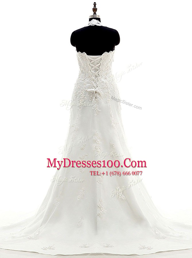 Halter Top Lace Scalloped Sleeveless Brush Train Lace Up Lace and Appliques Bridal Gown in White
