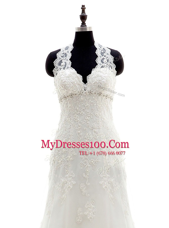 Halter Top Lace Scalloped Sleeveless Brush Train Lace Up Lace and Appliques Bridal Gown in White
