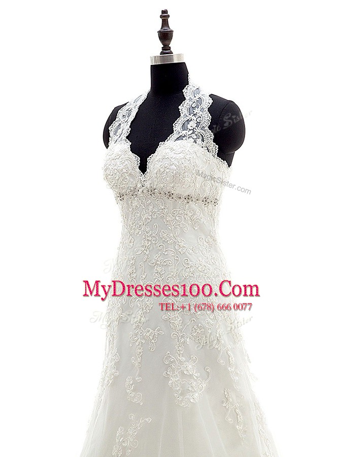 Halter Top Lace Scalloped Sleeveless Brush Train Lace Up Lace and Appliques Bridal Gown in White