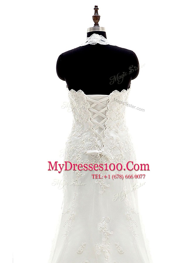 Halter Top Lace Scalloped Sleeveless Brush Train Lace Up Lace and Appliques Bridal Gown in White