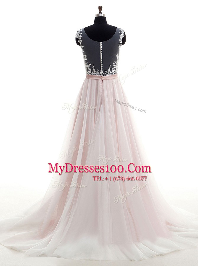 Traditional Scoop Tulle Sleeveless With Train Wedding Dresses Brush Train and Lace