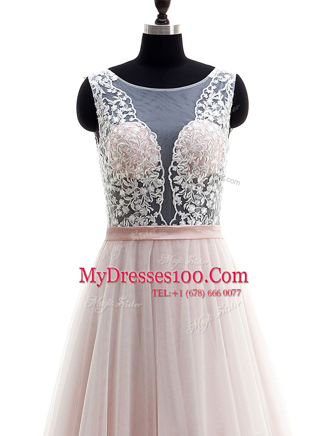 Traditional Scoop Tulle Sleeveless With Train Wedding Dresses Brush Train and Lace