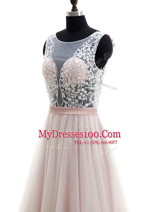 Traditional Scoop Tulle Sleeveless With Train Wedding Dresses Brush Train and Lace