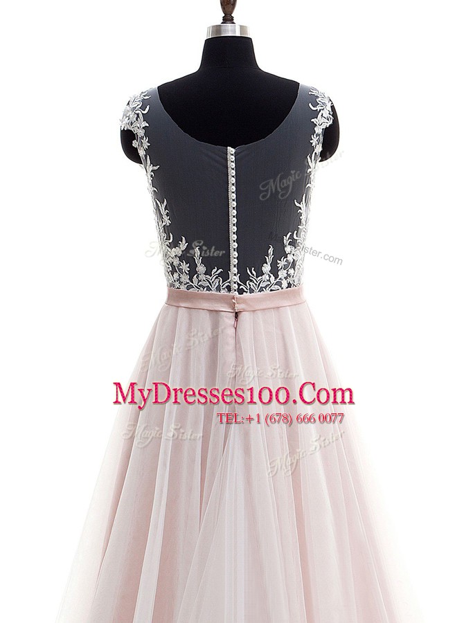 Traditional Scoop Tulle Sleeveless With Train Wedding Dresses Brush Train and Lace