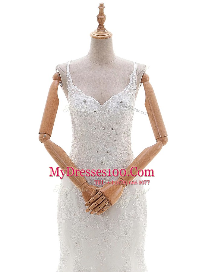 Wonderful White V-neck Criss Cross Beading and Lace and Appliques Wedding Gowns Brush Train Sleeveless