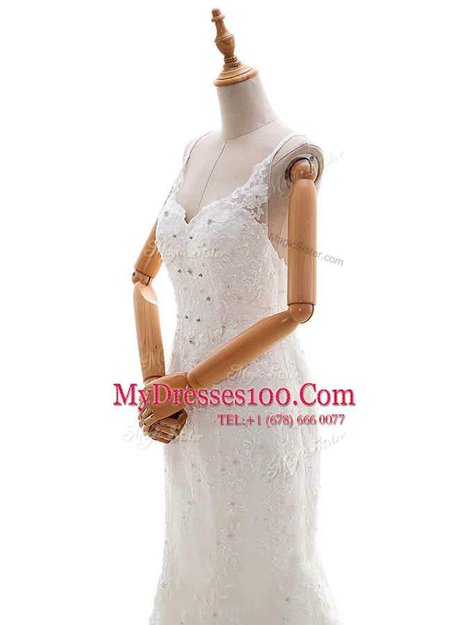 Wonderful White V-neck Criss Cross Beading and Lace and Appliques Wedding Gowns Brush Train Sleeveless