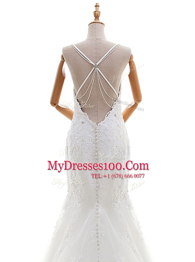 Wonderful White V-neck Criss Cross Beading and Lace and Appliques Wedding Gowns Brush Train Sleeveless